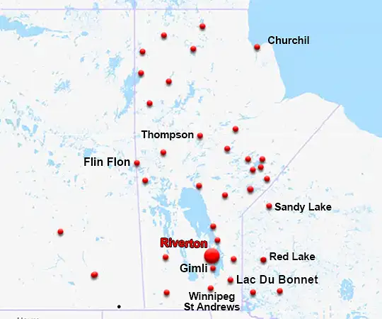 Map showing the location of Riverton in Manitoba